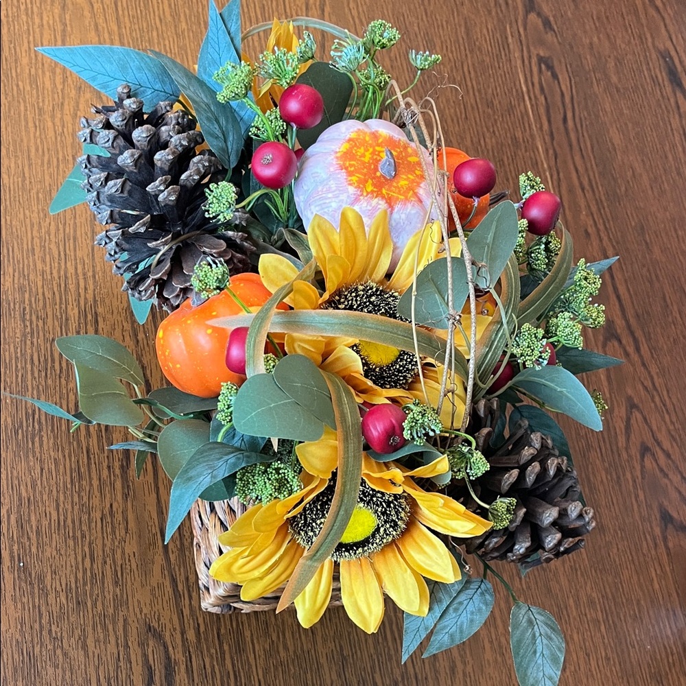 Autumn Floral Basket with Sunflowers and Pinecones